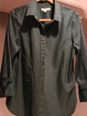 Chico's Green and Black Diagonal-Stripe Dress Shirt